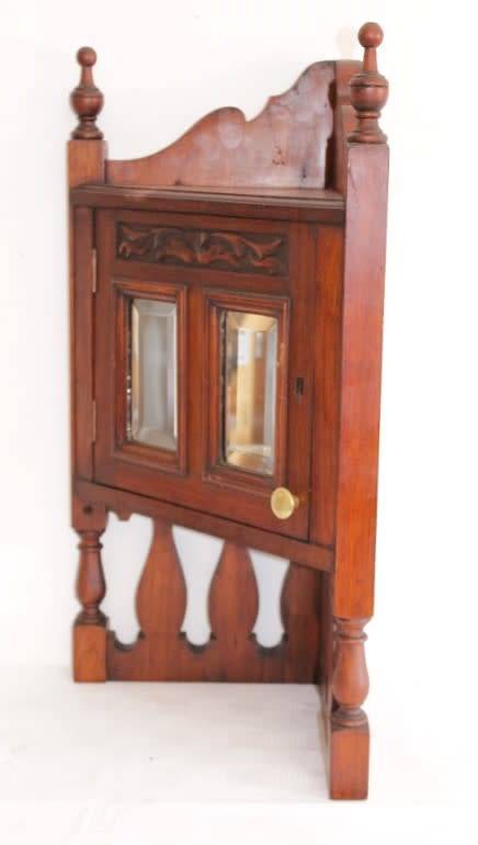 A stunning antique solid oak bathroom corner vanity cabinet w/ bevelled mirrors and carved detailing