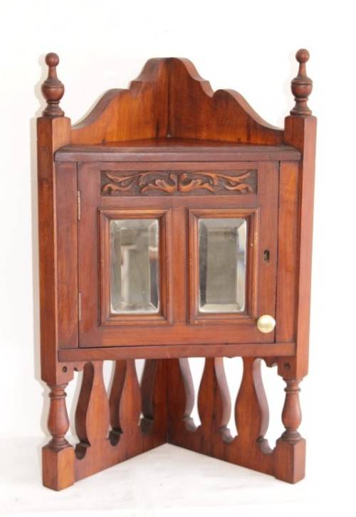 A stunning antique solid oak bathroom corner vanity cabinet w/ bevelled mirrors and carved detailing