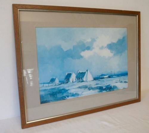 **RS17** A beautiful signed "Wessel Marais" print framed W/ glass in a wood frame of seaside houses.