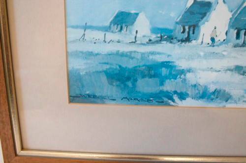 **RS17** A beautiful signed "Wessel Marais" print framed W/ glass in a wood frame of seaside houses.