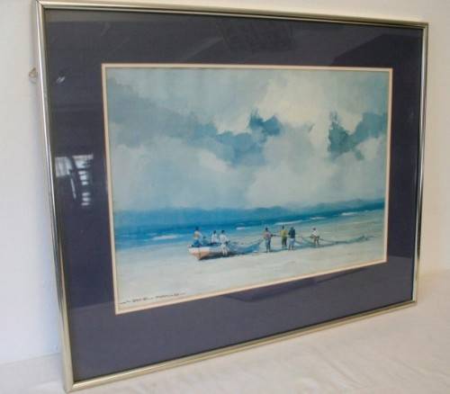**RS17** A beautiful signed "Wessel Marais" print framed behind glass of fisherman with nets.