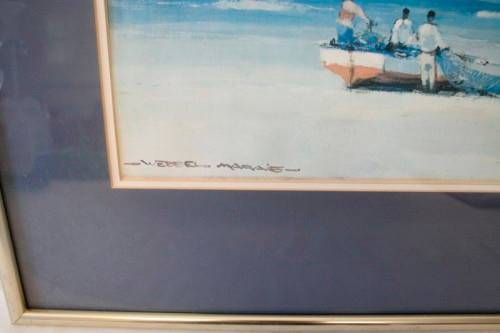 **RS17** A beautiful signed "Wessel Marais" print framed behind glass of fisherman with nets.