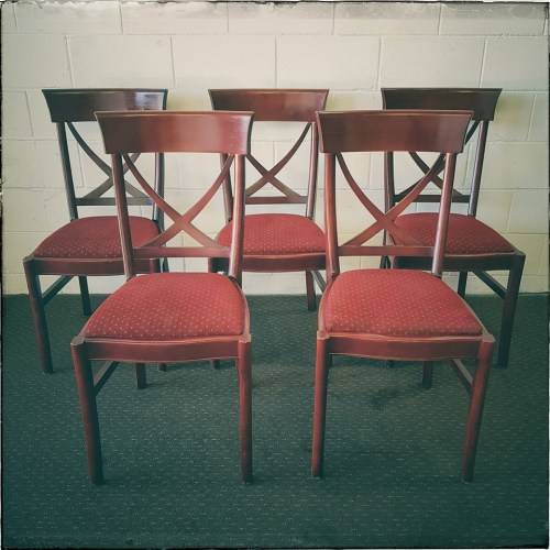 **RS17** Wonderful vintage Mahogany "cross back" dining chairs w deep red upholstery - *ONLY 3 LEFT*