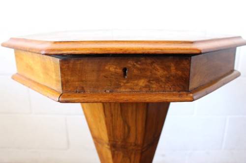 **RS17** An antique (c1890's) Victorian walnut octagonal sewing table w/ an array of compartments