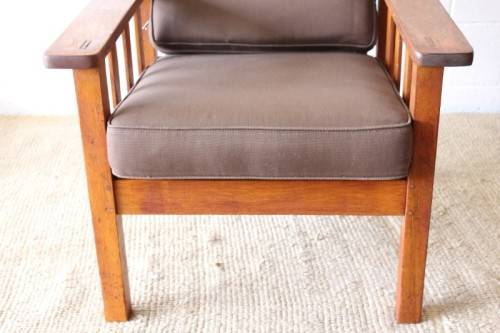 Stunning vintage solid oak Morris chair w/ upholstered cushions in a brown fabric - price/ chair