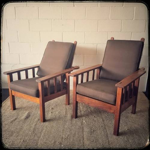 Stunning vintage solid oak Morris chair w/ upholstered cushions in a brown fabric - price/ chair