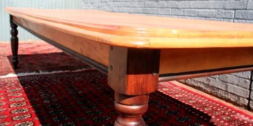 A spectacular x-long 10 seater Yellow wood & Imbuia dining room/ boardroom table in good condition