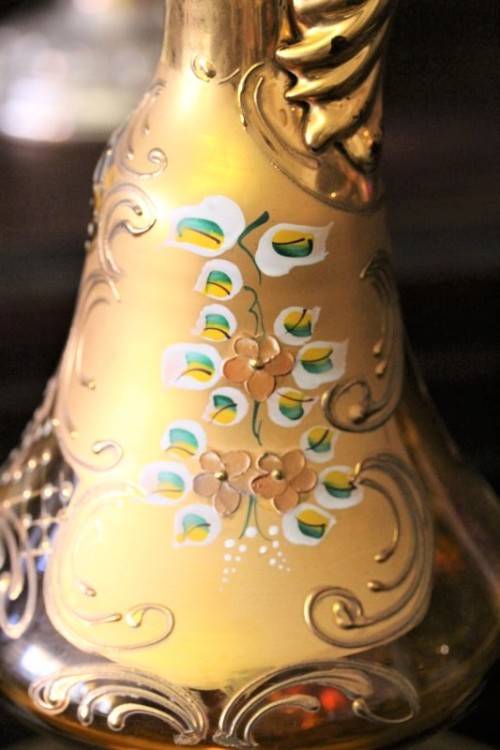 **RS17** Beautiful tall hand painted Bohemian amber glass stemmed liqueur decanter with gold gilt