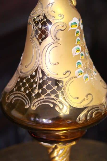 **RS17** Beautiful tall hand painted Bohemian amber glass stemmed liqueur decanter with gold gilt
