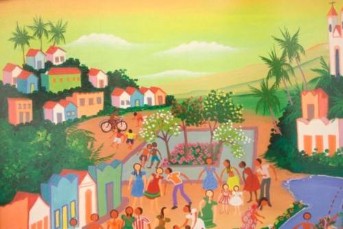 A bright and colourful signed and framed behind glass "Rio 94" oil painting.