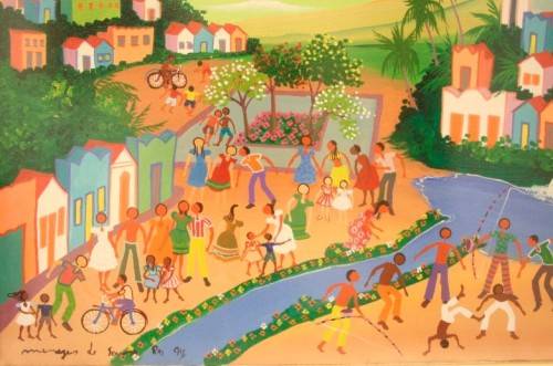 A bright and colourful signed and framed behind glass "Rio 94" oil painting.