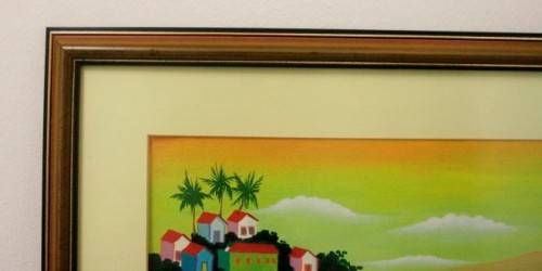 A bright and colourful signed and framed behind glass "Rio 94" oil painting.