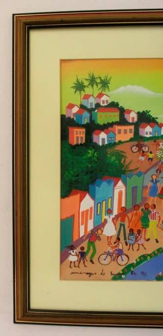 A bright and colourful signed and framed behind glass "Rio 94" oil painting.