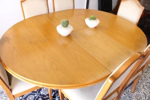 **RS17** Vintage Oak 6-seater extendable dining room table w/ 6x solid oak upholstered chairs