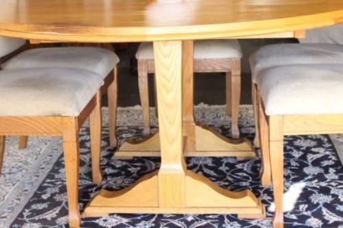 **RS17** Vintage Oak 6-seater extendable dining room table w/ 6x solid oak upholstered chairs
