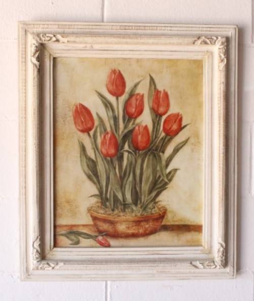 **RS17** A pair of whitewashed framed botanical prints incl red tulips and red & white hydrangea