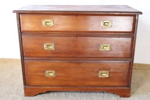A rare antique Victorian "Campaign Furniture" 3-drawer chest of drawers w/ brass inlaid handles