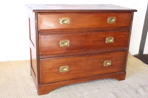 A rare antique Victorian "Campaign Furniture" 3-drawer chest of drawers w/ brass inlaid handles