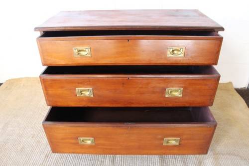 A rare antique Victorian "Campaign Furniture" 3-drawer chest of drawers w/ brass inlaid handles