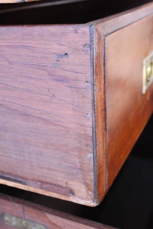 A rare antique Victorian "Campaign Furniture" 3-drawer chest of drawers w/ brass inlaid handles