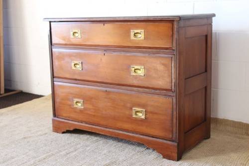 A rare antique Victorian "Campaign Furniture" 3-drawer chest of drawers w/ brass inlaid handles