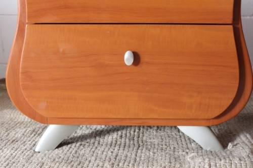 A gorgeous pair of modern Bombe style 2-drawer pedestals/ bedside tables with metal feet & handles