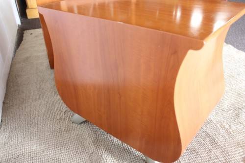 A gorgeous pair of modern Bombe style 2-drawer pedestals/ bedside tables with metal feet & handles