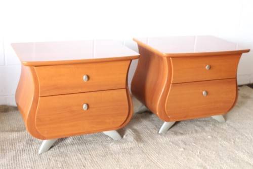 A gorgeous pair of modern Bombe style 2-drawer pedestals/ bedside tables with metal feet & handles