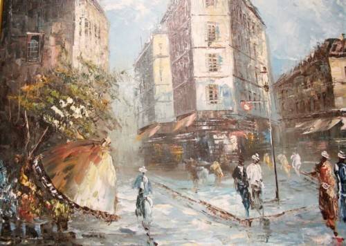 A beautiful framed original signed oil painting of a town scene.