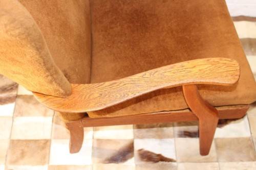 **RS17** Wonderful vintage mid-century solid oak retro-brown period-upholstered wing back armchair