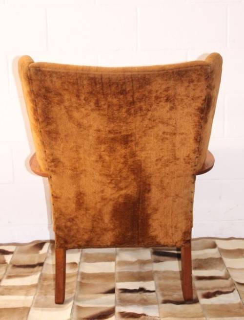 **RS17** Wonderful vintage mid-century solid oak retro-brown period-upholstered wing back armchair