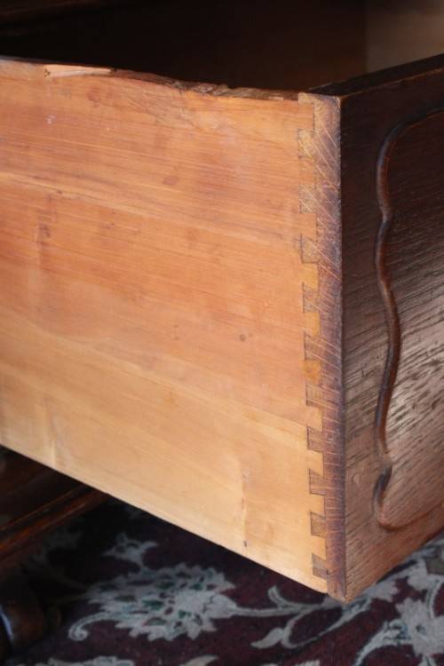 An impressive antique solid honeyed oak gabled double-door wardrobe w drawers & brass embellishments