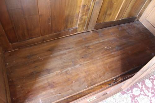 An impressive antique solid honeyed oak gabled double-door wardrobe w drawers & brass embellishments