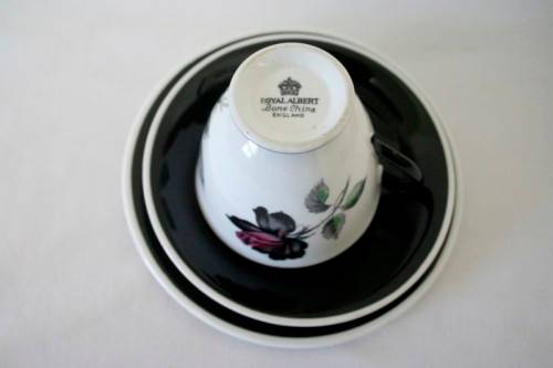 An exceptionally rare vintage "Royal Albert" fine bone china "Masquerade" pattern trio. price/trio