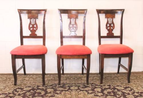 **RS17** A beautiful set of six carved mahogany lyre-back dining chairs with upholstered seats