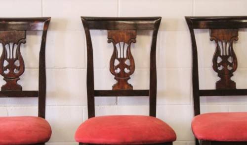 **RS17** A beautiful set of six carved mahogany lyre-back dining chairs with upholstered seats