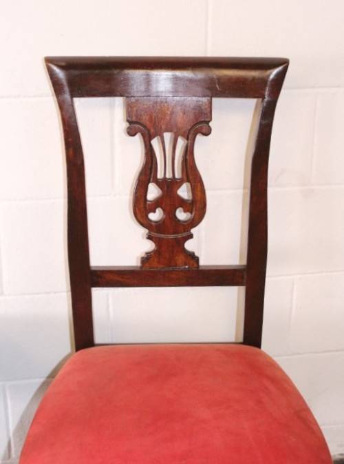 **RS17** A beautiful set of six carved mahogany lyre-back dining chairs with upholstered seats