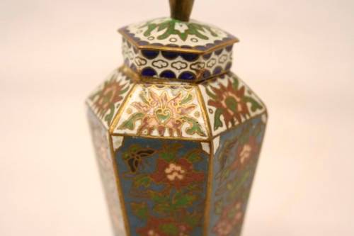 A hand painted solid brass urn vase with colourful floral detailing-Lifespace Sale