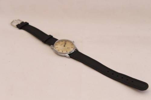An awesome vintage Swiss made Delfin Edox ladies stainless steel watch with a black leather strap