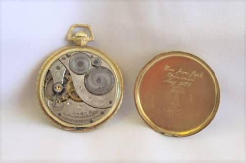 An exquisite antique (c1932) 14ct gold filled ornate Elgin pocket watch with an inscription
