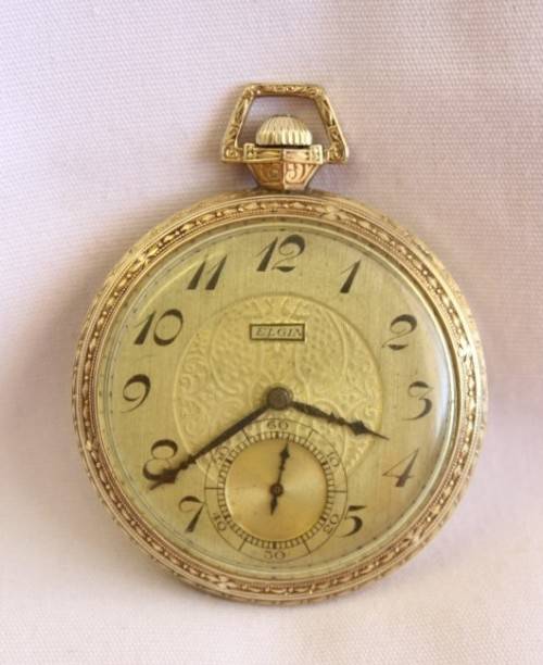 An exquisite antique (c1932) 14ct gold filled ornate Elgin pocket watch with an inscription