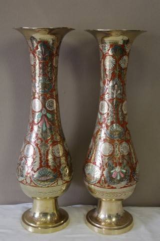 A exquisite large vintage decorative brass vases from India w/ colourful detailing. Lifespace Sale
