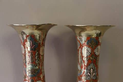 A exquisite large vintage decorative brass vases from India w/ colourful detailing. Lifespace Sale