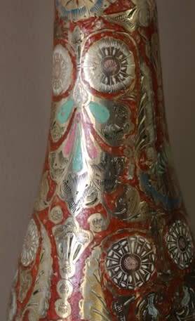A exquisite large vintage decorative brass vases from India w/ colourful detailing. Lifespace Sale