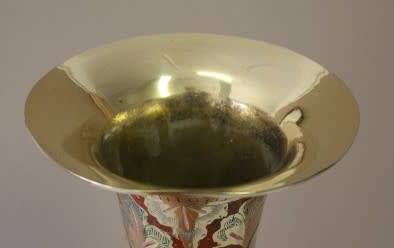 A exquisite large vintage decorative brass vases from India w/ colourful detailing. Lifespace Sale