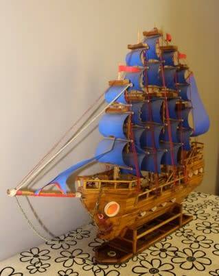 Alarge & detailed (92cm x 78cm high) model sailing ship on a wood stand. Lifespace Sale