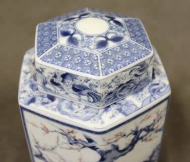 A mod porcelain Chinese Ginger jar with detailed paintings and patterns, with a lid. Lifespace Sale