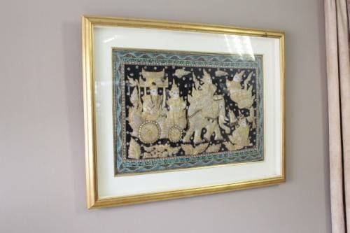 A large  vintage Thai Kalaga tapestry, embroided applique sequined framed picture. Lifespace Sale