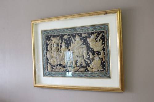 A large  vintage Thai Kalaga tapestry, embroided applique sequined framed picture. Lifespace Sale