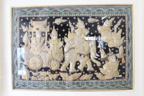 A large  vintage Thai Kalaga tapestry, embroided applique sequined framed picture. Lifespace Sale
